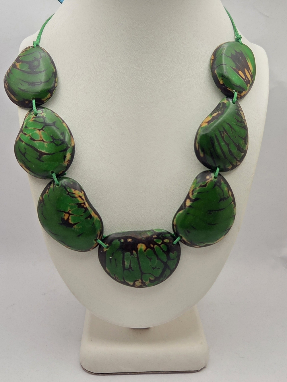 Green Tagua Nut Slice Bib Statement Necklace Natural Cord 20"